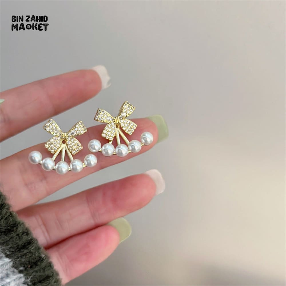 KOREAN LUXURY ZIRCON BOW STUD EARRINGS FOR WOMEN, PEARL BOW KNOT JEWELRY