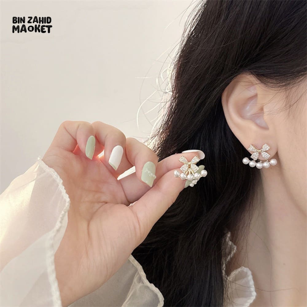 KOREAN LUXURY ZIRCON BOW STUD EARRINGS FOR WOMEN, PEARL BOW KNOT JEWELRY