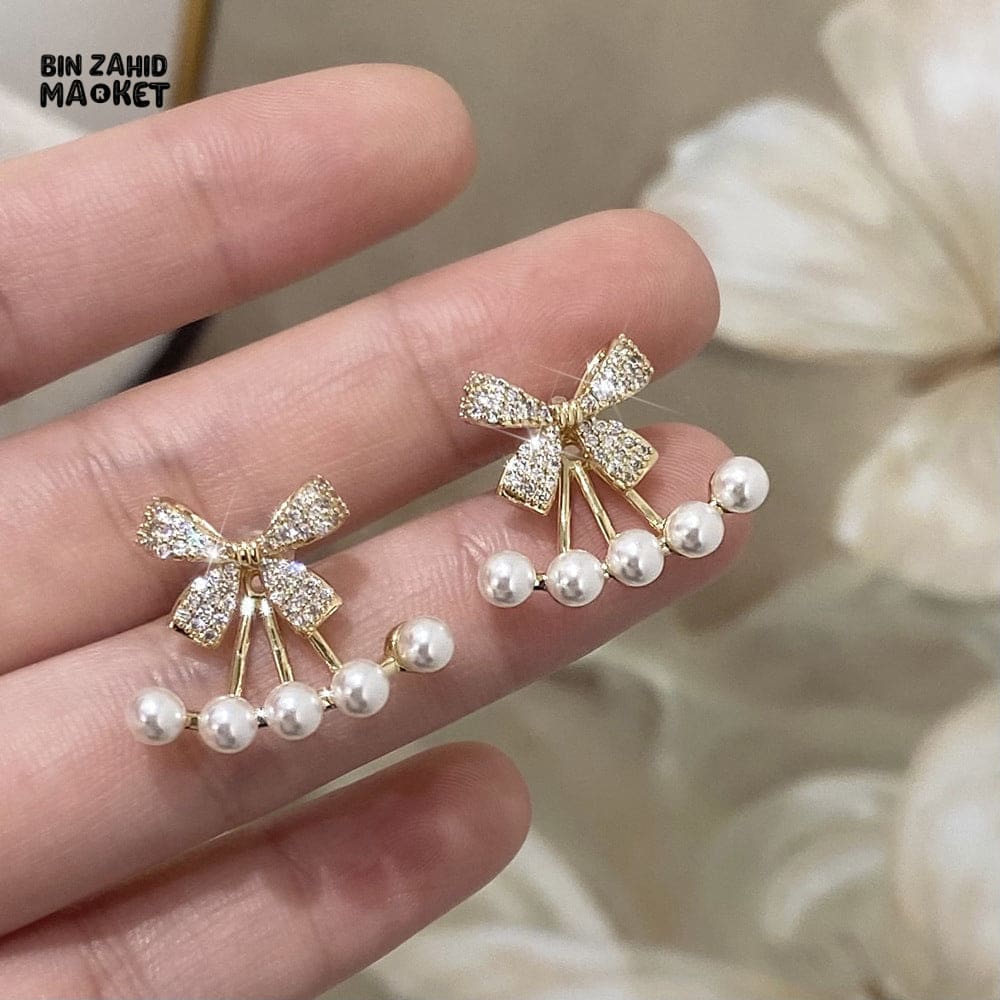 KOREAN LUXURY ZIRCON BOW STUD EARRINGS FOR WOMEN, PEARL BOW KNOT JEWELRY