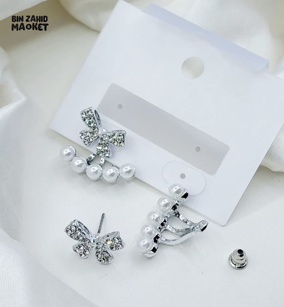 KOREAN LUXURY ZIRCON BOW STUD EARRINGS FOR WOMEN, PEARL BOW KNOT JEWELRY